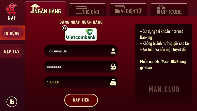Hướng dẫn nạp tiền bằng ngân hàng
